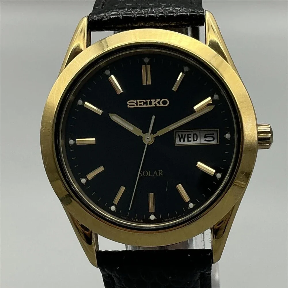 Seiko Solar V158-0AB0 Mens Watch 37mm Black Dial Gold Tone Leather Strap